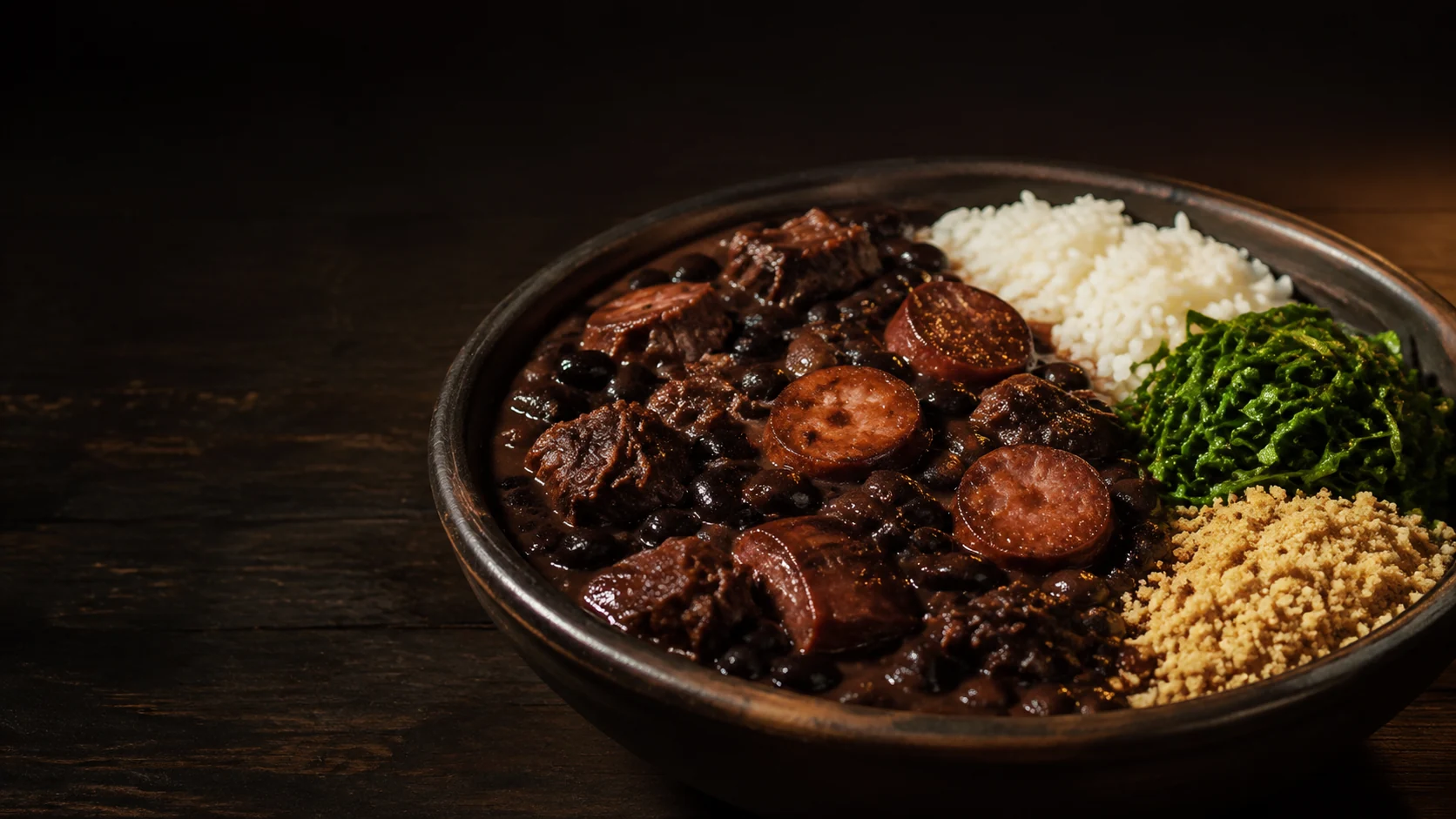Feijoada com arroz, couve e farofa em uma travessa rústica