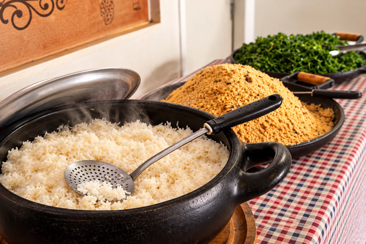 Panelas de arroz, farofa e couve servidas pelo Brasas e Fogão